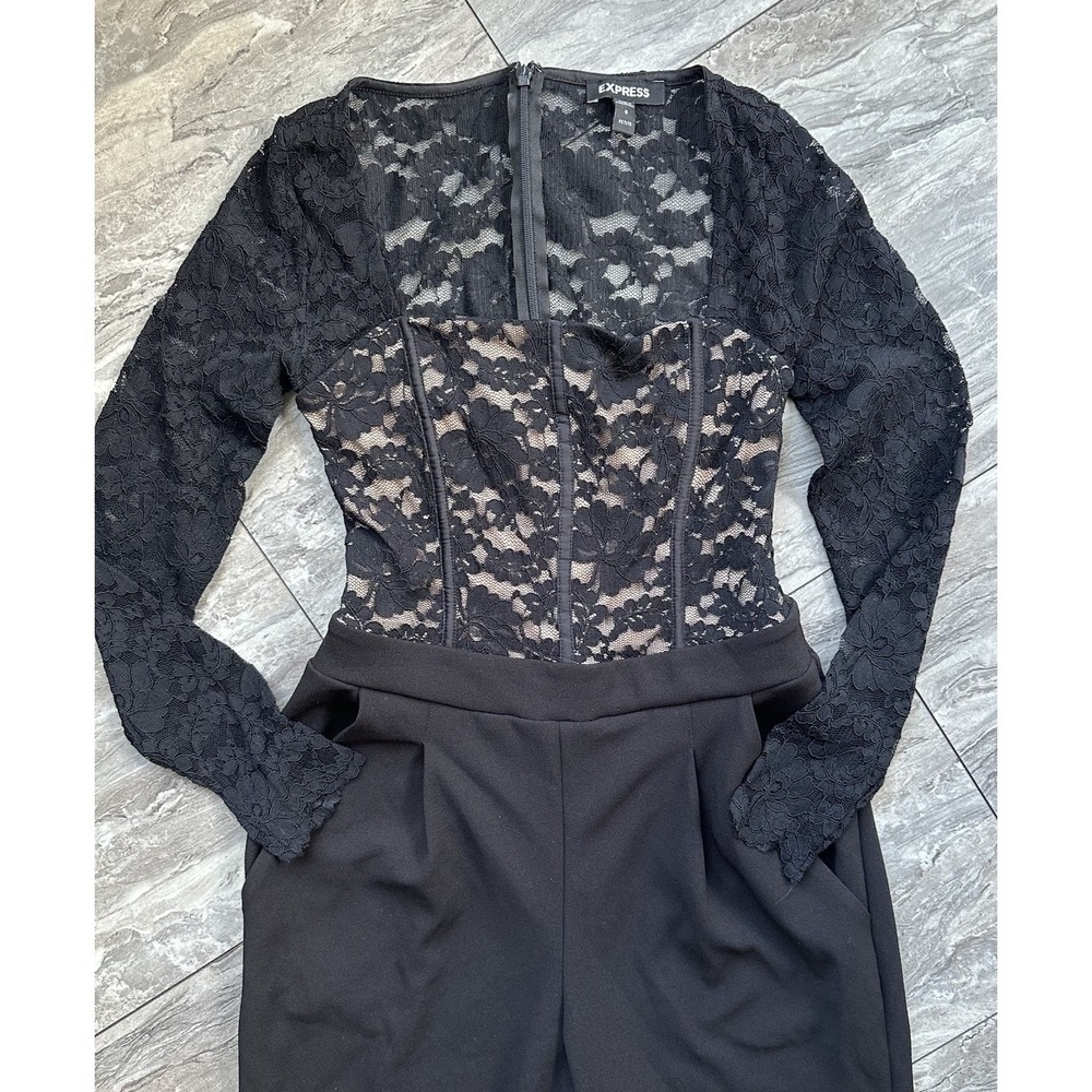 Express Women's Black Floral Lace Long Sleeve Jumpsuit One-Piece Size 0 0079 - Picture 2 of 6